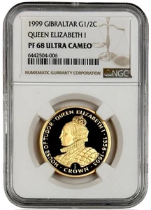 1999 Gibraltar 1/2 oz Crown Gold Proof Queen Elizabeth I Diamond NGC PF 68 UC - Picture 1 of 4