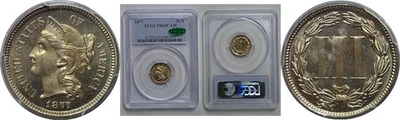 Tres centavos de níquel 1877 graduación profesional PR-65 CAM CAC Foto 1 de 3
