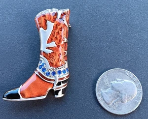 Spilla stivale cowboy smaltato 2" vintage spilla strass rosso nero tono argento - Foto 1 di 2