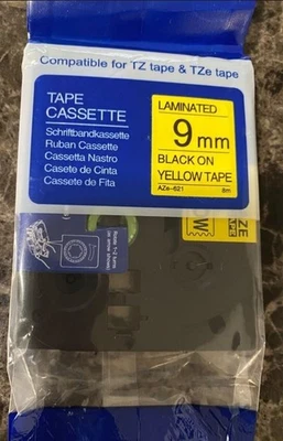 Fita de etiqueta compatível Tz TZe S621 Brother preta sobre amarela 9mm x 8 metros nova - Imagem 1 de 3