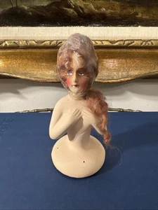 1920s Antique Vintage Art Deco German Chalkware Half Doll W Red Curly Hair 5.5" - Picture 1 of 18