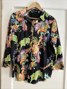 Lauren Ralph Lauren Black Multicolor Floral/Paisley 3/4 Sleeve Cotton Blouse XL - Picture 1 of 13