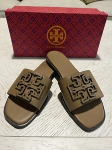 NIB $248 Tory Burch Ines Leather Slides Almond Flour Sz 7.5 - Picture 1 of 5