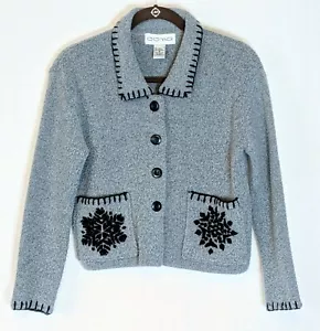 Oona Wool Blend Sz Small Cardigan Sweater Gray Button Blanket Stitch Pockets - Picture 1 of 6