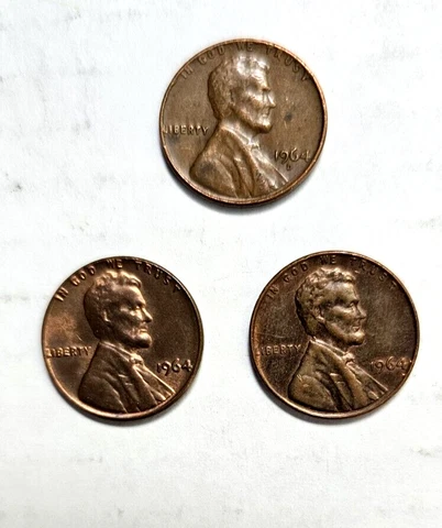 Three 1964 Pennies, Two No Mint Mark, One 1964 D Cover