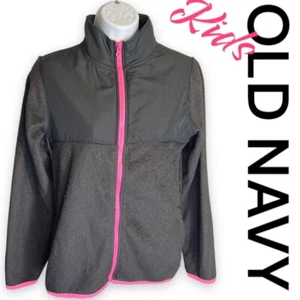 Old Navy Full Zip Fleece Jacket Black & Pink Mock Neck Faux Fur Girls Size 14 XL - Picture 1 of 7