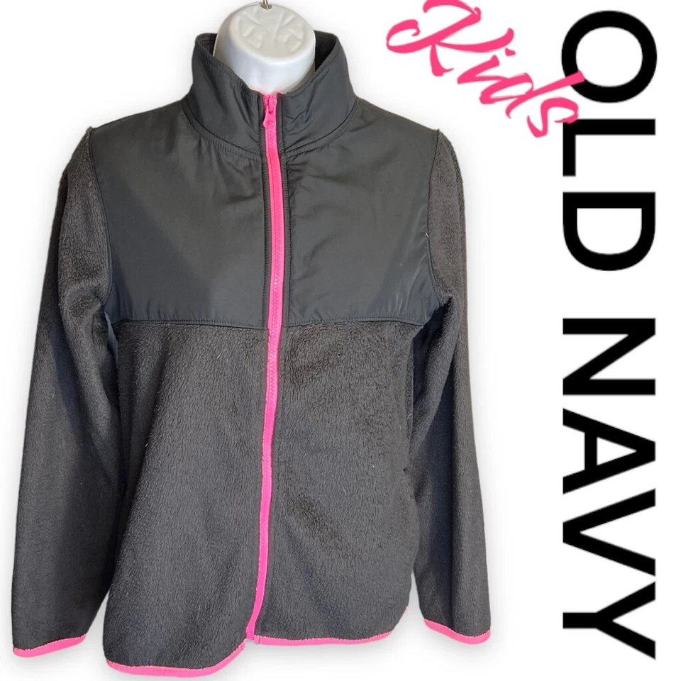 Chaqueta polar antigua azul marino con cremallera completa negra y rosa cuello falso piel sintética niñas talla 14 XL Foto 1 de 4