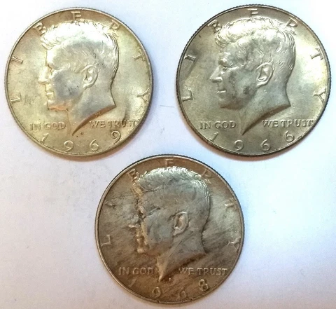 Half Dollar Lot Of 3 40% Silver John F. Kennedy Half Dollars 1966P 1968D 1969D Cover