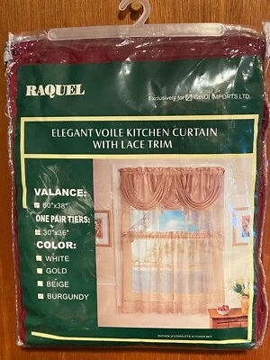 Raquel Kitchen Curtain w/Lace Trim Valance & One Pair Tiers Burgundy *NEW d1 - Image 1 of 4