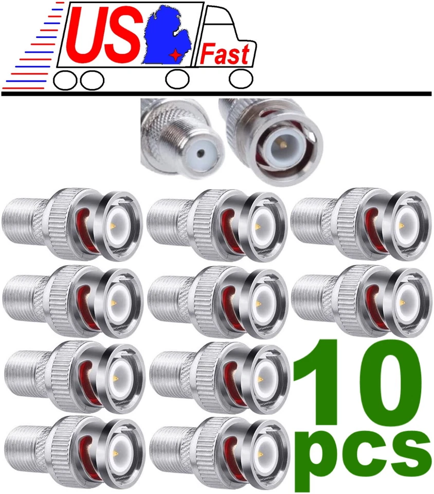 10 Pcs F Female to BNC Male Coax RF Connector RG6 RG59 Adapter Lot10x/pack - Image 1 of 1
