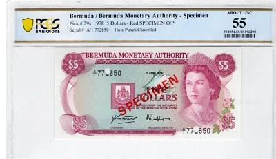 Billete Bermuda 1978 de $5 muestra certificado PCGS AU 55 Pick 29s Foto 1 de 2