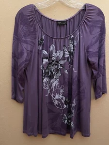 VANILLA SUGAR Women's Purple Floral Print Top Sequins 3/4 Sleeve Scoop Neck, PXL - Picture 1 of 3