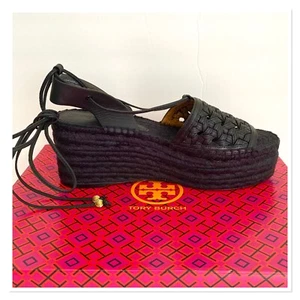 Tory Burch gewebte Raffia Keilsandalen schwarz Größe 8 - Bild 1 von 7