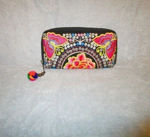Embroidered Beaded Butterflies Zip Around Wallet Clutch Organizer Hippie Boho - Picture 1 of 7