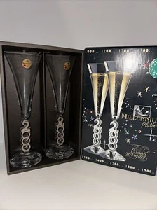Pair Crystal Cristal d'Arques Millennium Flute Champagne Glasses 2000 New Years - Picture 1 of 5