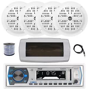 Pyle Bluetooth Marine Receiver, Cover, Antenna,Wire, 4x 4'' 100W White Speakers - Picture 1 of 6