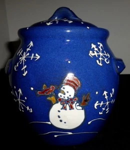 Snowman Cookie Jar Dark Christmas Blue Snowflakes Pottery Ceramic Holiday Snow - Bild 1 von 6