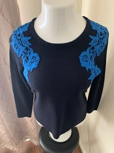J.Crew schwarz mit kobaltblau besticktem Wollmischung Oberteil Pullover, Damen Large - Bild 1 von 9