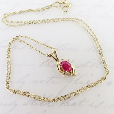 14k gold pendant red natural .60 carat red ruby diamond accent chain necklace - Image 1 of 4