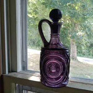 1890s DEEP AMETHYST GLASS BULLSEYE SYRUP PITCHER LARGE CRUET WITH STOPPER - Picture 1 of 10