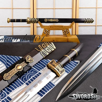 Chinese Auspicious Ruyi Sword Folded Steel Straight Double Edge Brass Fittings - Image 1 of 4