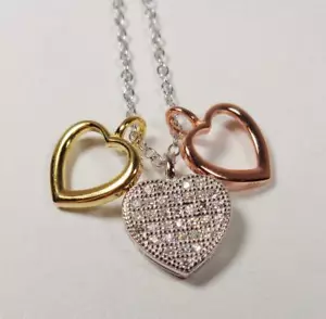 COLLANA PENDENTE ARGENTO STERLING ORO 14K VERMEIL E ORO ROSA CUORI E ZIRCONI BIANCHI - Foto 1 di 6