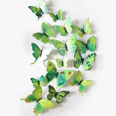 12件装3D绿色蝴蝶墙贴纸艺术贴花DIY装饰可拆卸贴纸 — 第 1/4 张图片