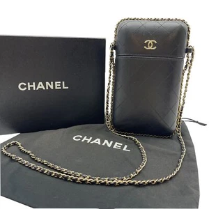 Authentic CHANEL Chain Around Phone Holder Shoulder Bag Black Leather #36635125 - Picture 1 of 12