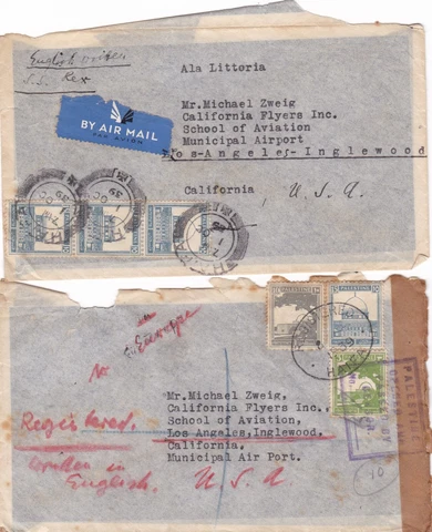 Two 1939 Palestine Covers Air Mail (One Opened by Censor) 3, 10, 15 Mils Cover