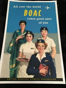 Vintage años 50 TODO EL MUNDO - B.O.A.C. Póster de aerolínea TAKES CARE OF YOU casi nuevo - Imagen 1 de 6