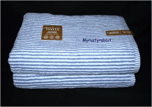 Common Thread Eco Mélange 2 pc Bath Towel Set Medium Blue & White Striped - New - Picture 1 of 8