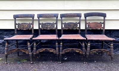 4 sillas antiguas de asiento de bastón Hitchcock L con pintura estampada original vintage-raras Foto 1 de 4