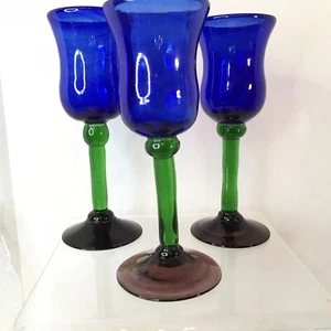3 Cobalt Blue & Green Art Glass Hand Blown Glass Goblets 9.5" Tall Thick Glass - Picture 1 of 8