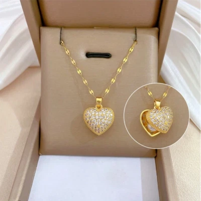 Womens Necklaces Locket Heart Pendant Gold Plated Stainless Steel Beaded Jewelry - Image 1 of 4