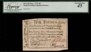 NC-143 Colonial Currency North Carolina December 1771 £5 5 Pounds Legacy 45 Comm - Picture 1 of 2