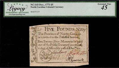 NC-143 Colonial Currency North Carolina December 1771 £5 5 Pounds Legacy 45 Comm - Image 1 of 2