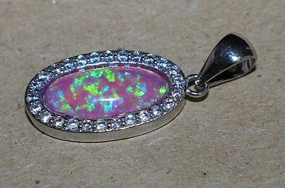 lab fire opal Cz necklace pendant gems silver plate jewelry classic oval - Image 1 of 4