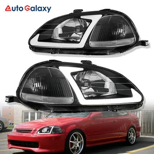 Pair LED DRL Tube Black Housing Headlights Headlamps For 96-98 Honda Civic 1.6L - Picture 1 of 17