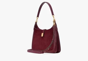 Kate Sapde New York Deco Pebbled Leather & Suede Hobo Bag Cherry - Picture 1 of 14