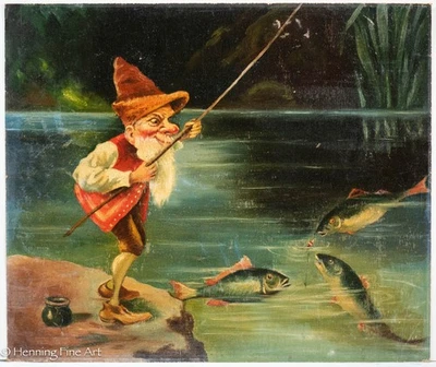 Impresionante pintura al óleo antigua de enano pescador después de Heinrich Schlitt, encantadora Foto 1 de 4