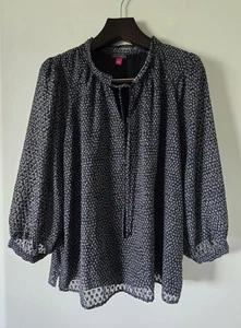 Vince Camuto Womens L Black Confetti Split Neck Puffed Elbow Length Sleeve Top - Picture 1 of 11