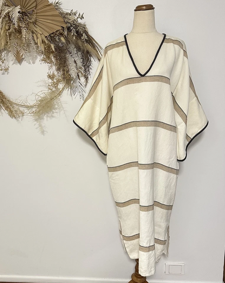 Bassike Linen Leather Contrast Kaftan Midi Dress Striped Pattern Casual Sz M L - image 1 of 4