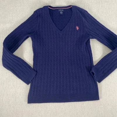 US Polo Assn. Suéter Mujer Medio Azul Cuello en V Bordado Logo Tejido con Cable Foto 1 de 4