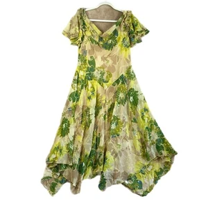 VTG Green Dress 14 Y2K Cowl Neck Floral Beaded Robbie Bee Ruffle Fairy Mermaid - Picture 1 of 13
