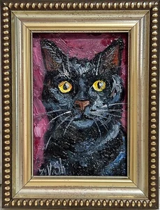 ACEO FRAMED Black Cat Original Oil Painting Portrait  Pet Animal Signed Art - Picture 1 of 9