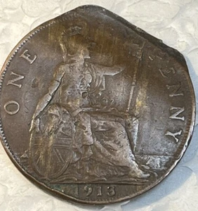 Rare Great Britain 1913 Mint Error Broad Strike Off Struck One 1 Penny KM# 810 - Picture 1 of 11