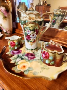 Antique Hand Painted Rose Chocolate Pot Set, Artist Signed - Picture 1 of 8
