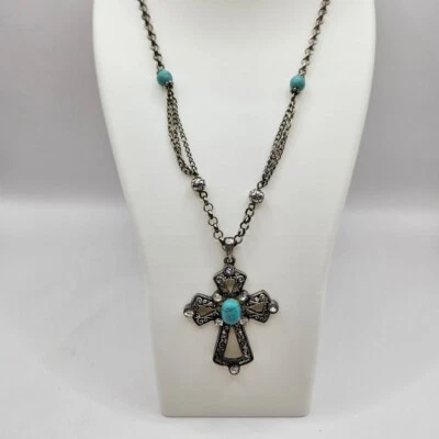Cadena colgante cruz estrás turquesa imitación tono plata 24" suroeste Foto 1 de 4