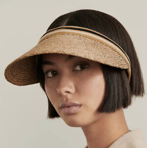 $175 Helen Kaminski Bianca Visor Nougat Black Sun Visor Hat Logo Raffia-VGUC!
