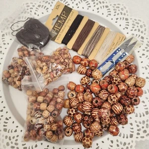 Bead Craft Lot Wooden Dyed Small Med Large Barrel plus Scissor Snips, Hemp Twine - Picture 1 of 14
